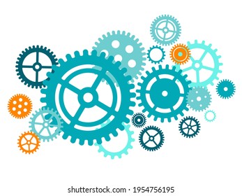 Gear set compilation in turquoise color. Teamwork concept. Cogwheel elements mechanism. Motor or clock circle parts with cogs. Teamwork process with gear cogwheels concept. Vector Illustration.