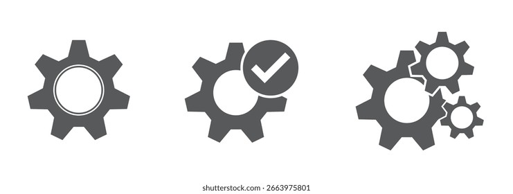 Engrenagem engatada. Ícone da engrenagem. Ícone de configuração. Ícones cinzas da roda de engrenagens no plano de fundo branco
