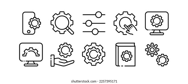 Gear set icon. Setting, hand, dropdown menu, construction, repair, head, hardware, download, laptop, fix, phone, arrow, control, slider, magnifier. Neomorphism style. Vector line icon for Advertising