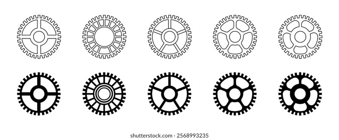 Gear set icons. Linear and silhouette style. Vector icons.