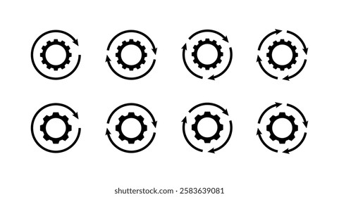 Gear set icons. Settings icons. Linear and silhouette style. Vector icons.