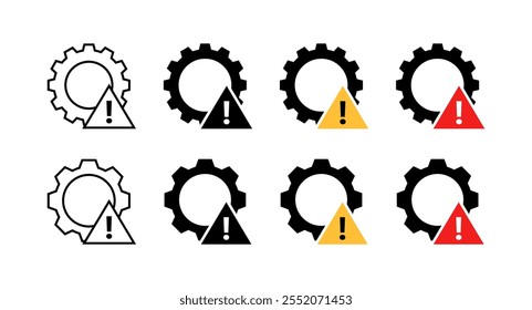Gear Set Icons. Warning triangle. Different styles. Vector icons