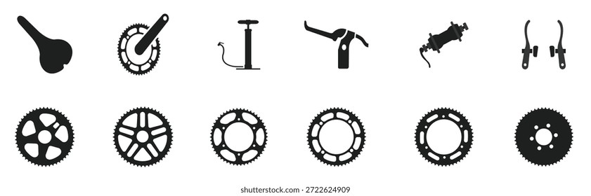 Gear Set Seamless Pattern Vector Collection of Gears. Advertisement for a bicycle shop. Bicycle details in dark silhouettes. Bike sprocket black bike parts Vector illustration.