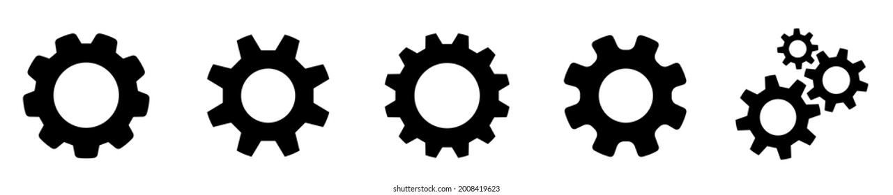 Juego de engranajes. Icono de ajuste de marchas. Grupo CogWheel. Colección de diseño de engranajes. Iconos de la rueda de los engranajes negros en el fondo blanco - vector stock.