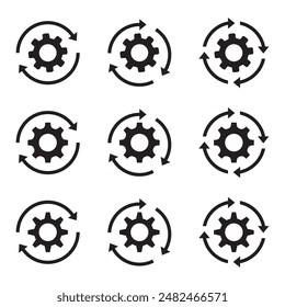 Gear set. Sync process. Black gear wheel icons. Gear set simple glyph web symbol. Setting gears icon. Cogwheel black vector icon. Set of business process icon.