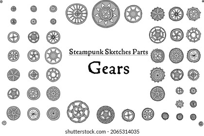 Gear sets. Tires, handles, and gears of various shapes.