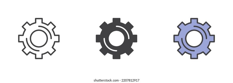 Ajuste del engranaje conjunto de iconos de estilos diferentes. Versión colorida de línea, glifo y contorno relleno, contorno de rueda cognoscitiva y signo vectorial relleno. Símbolo, ilustración del logotipo. Gráficos vectoriales