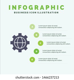 Gear, Setting, Globe Solid Icon Infographics 5 Steps Presentation Background. Vector Icon Template background
