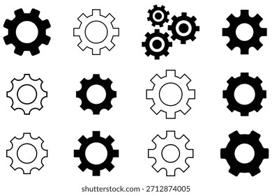 Conjunto de iconos de engranajes y ajustes. Conjunto de iconos de rueda dentada. Mecanismo de engranajes negro aislado y rueda dentada. Iconos negros de la rueda dentada en el fondo blanco - Vector de valores.