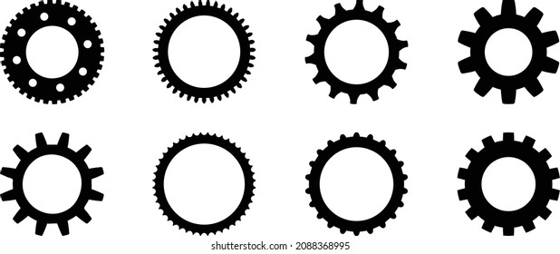 Juego de iconos de configuración de engranajes. Mecanismo de engranajes negros aislados y símbolo de rueda cognitiva. elemento de diseño gráfico establecido en fondo blanco