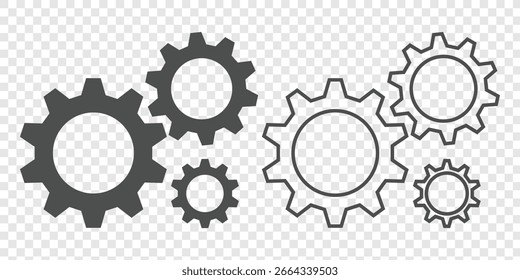Gear setting icon set. Isolated black gears mechanism and cog wheel. Progress or construction concept. Settings Icon Sheet Multiple Style Collection. settings icon. Design eps 10. 