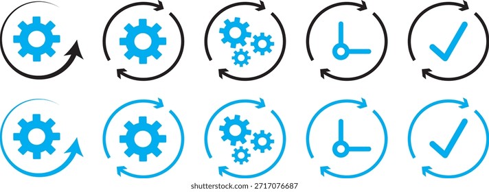 Iconos de la línea del Vector del icono del ajuste del engranaje, progreso o concepto de construcción, colección del icono del ajuste de los engranajes aislada, muestra de la rueda de engranaje, diseño del Vector, gráfico, ilustración,

