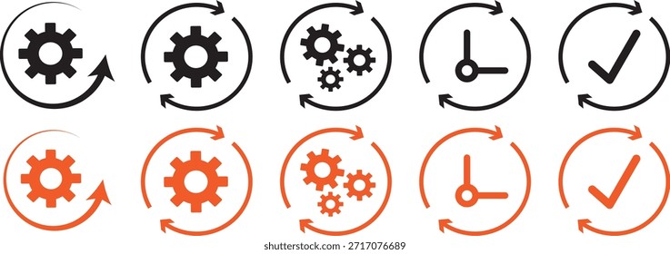 Iconos de la línea del Vector del icono del ajuste del engranaje, progreso o concepto de construcción, colección del icono del ajuste de los engranajes aislada, muestra de la rueda de engranaje, diseño del Vector, gráfico, ilustración,
