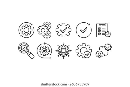 Gear setting icons depict process management in various aspects. Ideal for presentations, infographics, websites, and articles on business, operations, and efficiency.