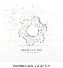 Gear setting line and composition digitally drawn broken a part triangle shape and scattered dots low poly wire frame on white background.