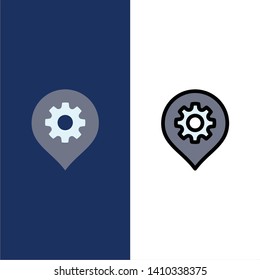Gear, Setting, Location, Map  Icons. Flat and Line Filled Icon Set Vector Blue Background