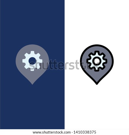 Gear, Setting, Location, Map  Icons. Flat and Line Filled Icon Set Vector Blue Background