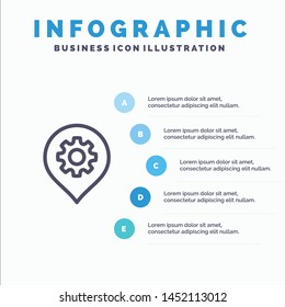 Gear, Setting, Location, Map Line icon with 5 steps presentation infographics Background
