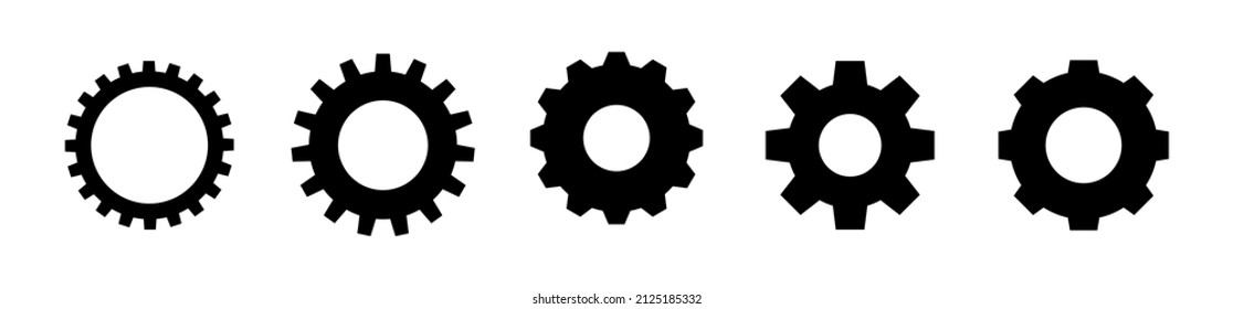 Gear setting vector icon set. Isolated black gears mechanism and cog wheel on white background.
