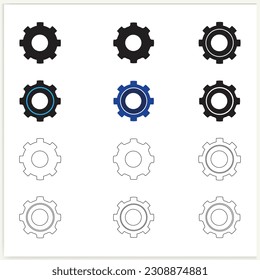 Gear setting vector icon set. Isolated black gears mechanism and cog wheel on white background. Cogwheel icons 