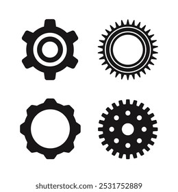 Gear setting vector icon set. Isolated black gears mechanism and cog wheel on white background. Progress or construction concept. Cogwheel icons UI vector. 