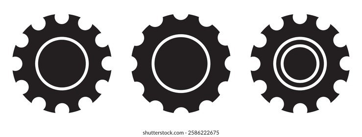 Gear setting vector icon set. Progress or construction concept. Isolated black gears mechanism and cog wheel. Cogwheel icons UI vector.