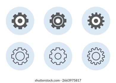 Gear setting vector icon set. Progress or construction concept. Isolated black gears mechanism and cog wheel. Cogwheel icons UI vector.