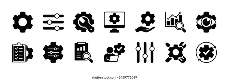 Gear settings control panel icon set. Containing setup, volume, configuration, engineering, customization, statistics data, installation, service, system update, maintenance, option vector