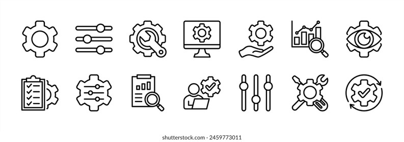 Schalttafel Einstellungen Dünne Linie Icon Set. Enthält Setup, Volume, Configuration, Engineering, Customization, Statistikdaten, Installation, Service, System aktualisier, Maintenance, Option Vektorgrafik 