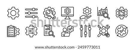 Gear settings control panel thin line icon set. Containing setup, volume, configuration, engineering, customization, statistics data, installation, service, system update, maintenance, option vector 