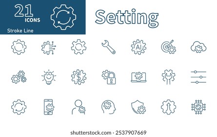 Ícone de configurações de engrenagem. Coleção de ícones de vetor de linha de traçado sobre o tópico de engenharia, personalização, otimização, configurações de meta. Ícones de linha fina.