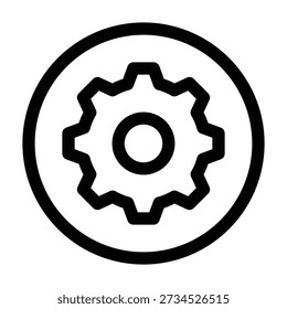 Un ícono de Configuraciones dentadas que se muestra en el arte de líneas negras. Este simple contorno de una rueda dentada representa la configuración, la mecánica, las herramientas, las opciones y los conceptos de maquinaria industrial.