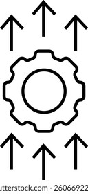  Gear settings icon with multiple upward arrows symbolizing performance improvement, technical upgrades, and business automation with transparent background

