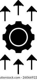  Gear settings icon with multiple upward arrows symbolizing performance improvement, technical upgrades, and business automation with transparent background

