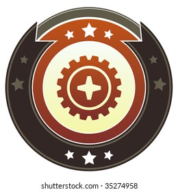 Gear or settings icon on round red and brown imperial vector button with star accents suitable for use on website, in print and promotional materials, and for advertising.