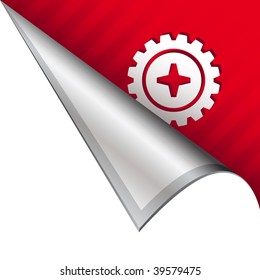 Gear or settings icon on vector peeled corner tab suitable for use in print, on websites, or in advertising materials.