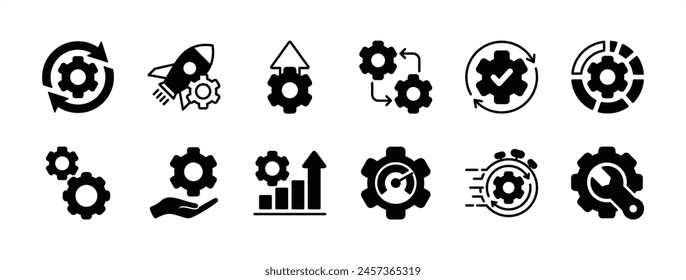 Gear settings icon set. Containing optimization, sync, process, maintenance, configuration, modification, system, service, setup, operation, productivity, performance, efficiency. Vector illustration	