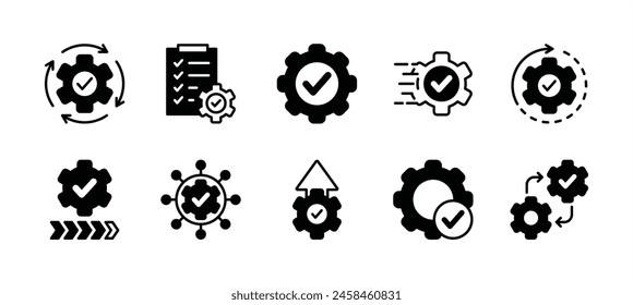 Gear settings icon set. Containing execution, process, system, evaluate, efficiency, business management project, task, implement, operation, optimize, performance. Vector illustration	
