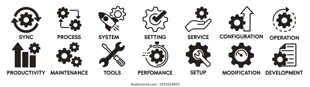 Gear settings icon set. Containing sync, process, setting, service, configuration, operation, maintenance, setup, development and more, vector illustration