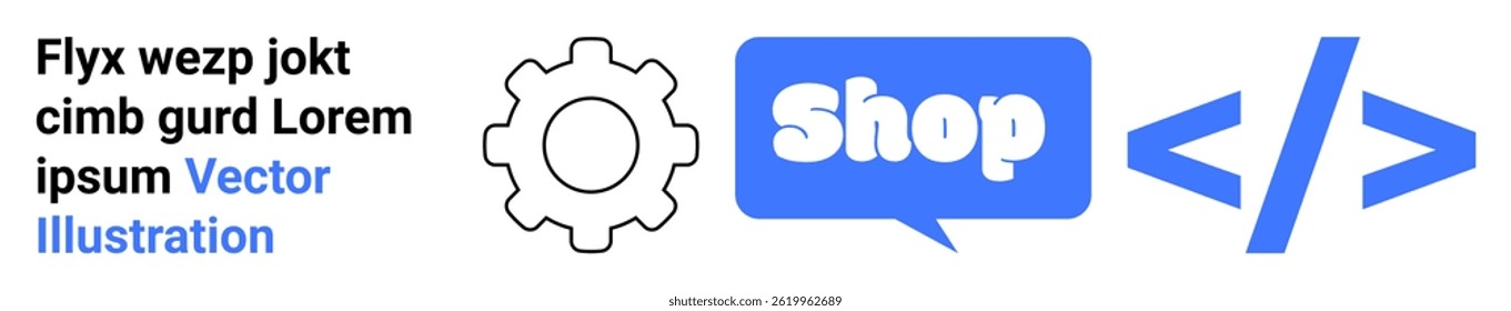 Gear settings icon a speech bubble with the word Shop and a pair of HTML code brackets, on white background Ideal for technology ecommerce web development IT services and digital marketing Banner