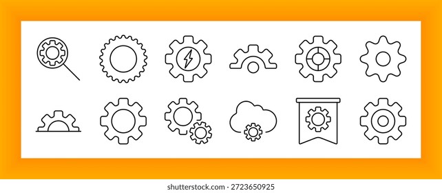 Icono de conjunto de engranajes y Configuraciones. Lupa, engranajes sólidos, pernos, semirengranajes, Anuncios, configuración de nube, piezas circulares dispuestas en un formato de contorno técnico limpio.