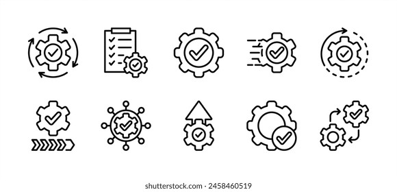 Conjunto de iconos de línea fina de Configuraciones de engranajes. Conteniendo ejecución, proceso, sistema, evaluar, eficiencia, proyecto de gestión empresarial, tarea, implementar, operación, optimizar, rendimiento. Ilustración vectorial