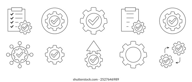 Gear settings thin line icon set for execution, process, system, and business management
