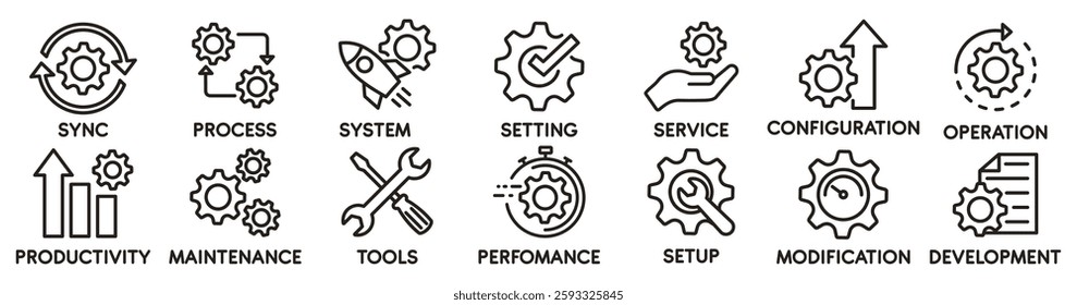 Gear settings thin line icon set. Containing sync, process, setting, service, configuration, operation, maintenance, setup, development and more, vector illustration