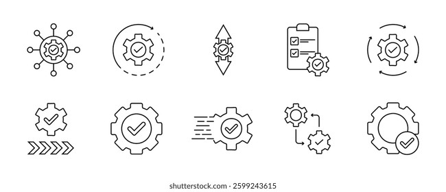 Gear settings thin line icon set. Containing execution, process, system, evaluate, efficiency, business management project, task, implement, operation, optimize, performance. Vector illustration.