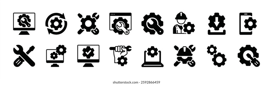 Gear settings tool icon vector set. Containing configuration, installation, maintenance, engineering, mechanism, repair, service, customization, wrench, screwdriver, engineer, setup, technician