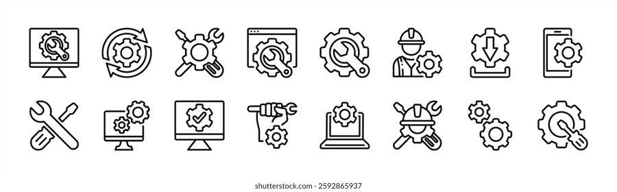 Gear settings tool thin line icon set. Containing configuration, installation, maintenance, engineering, mechanism, repair, service, customization, wrench, screwdriver, engineer, setup, technician