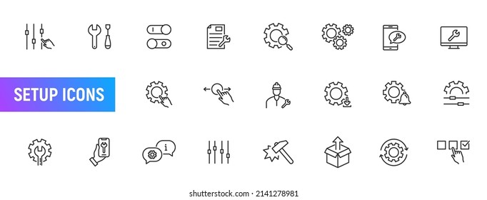 Gear setup control system tools icon. Service maintance update fix data setup interface icons