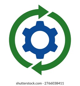 gear shape with circular rotating arrows in blue and green representing continuous process automation cycle update maintenance renewal and iterative system operation and engineering workflow management