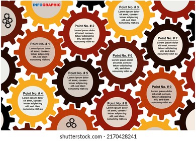 Gear Shape Infographic design template with 9 options or steps. Can be used for process, presentations, layout, banner, info graph. Vector illustration  isolated on white background. EPS 10 File.